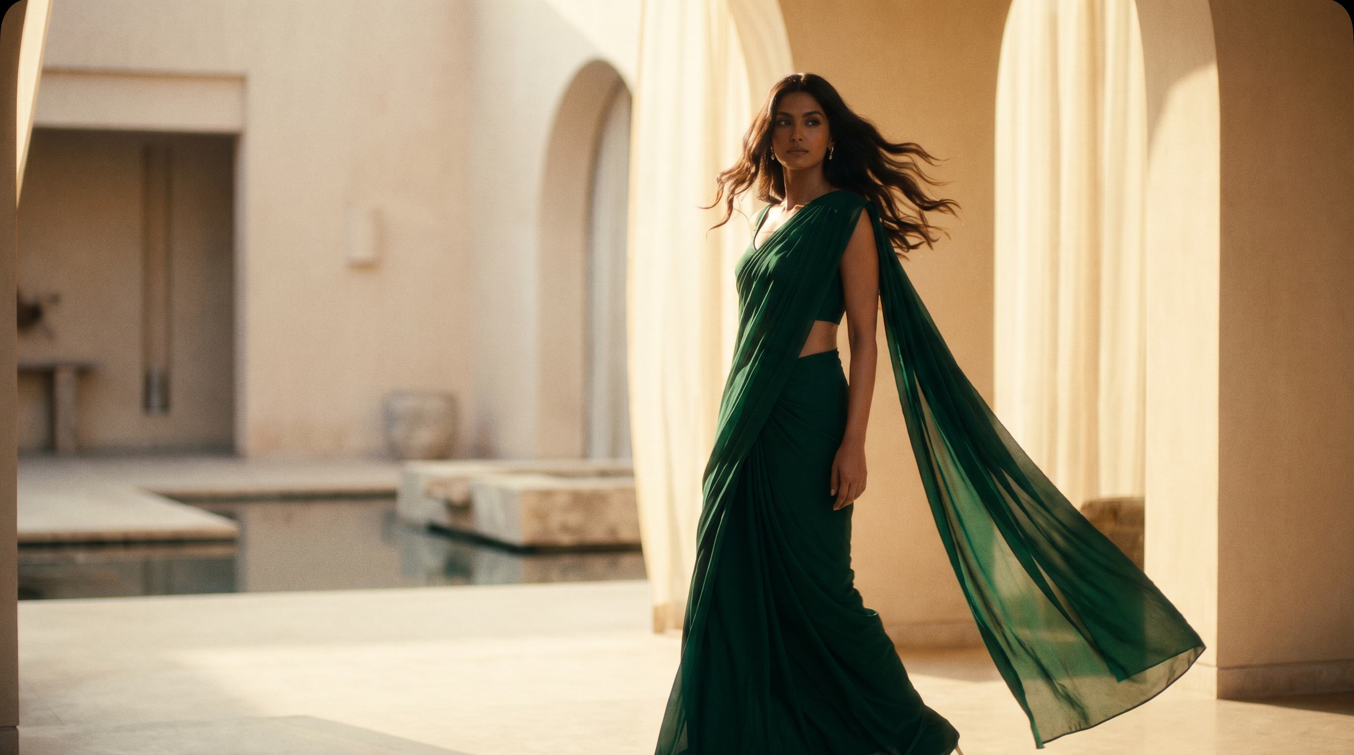Woman wearing an elegant emerald green TRIBE pre-draped saree