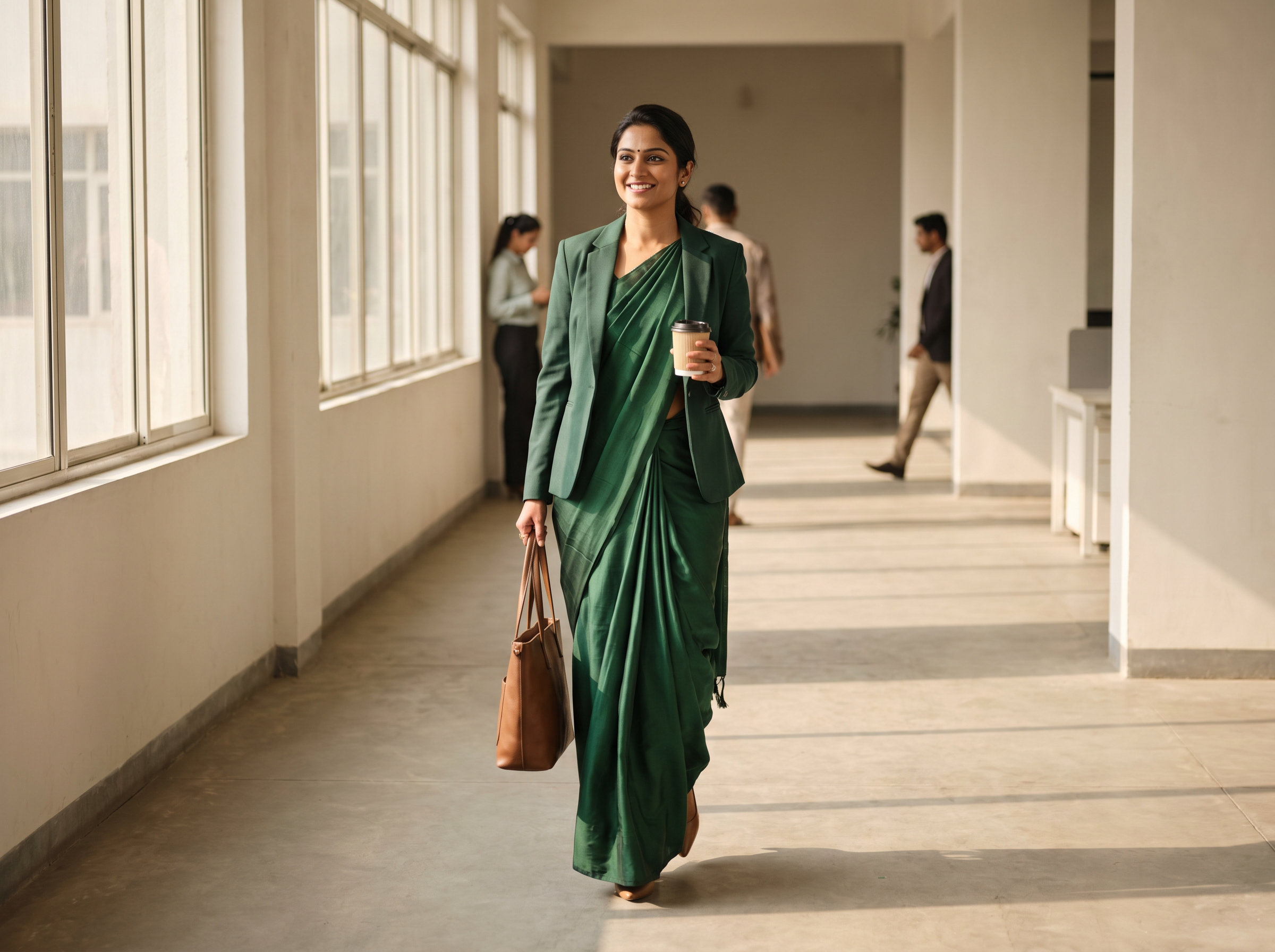 Confident woman wearing TRIBE saree in office setting